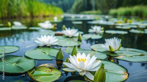The scientific name of the beautiful water lily flower Nymphaeaceae on a lake with a natural backdrop photo