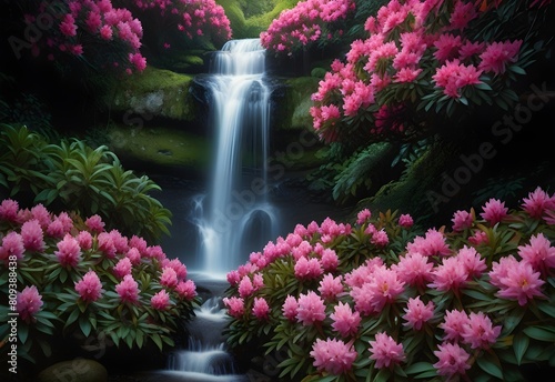 A cascading waterfall framed by lush rhododendron bushes in shades of pink and purple  nature s masterpiece in full display  generative AI