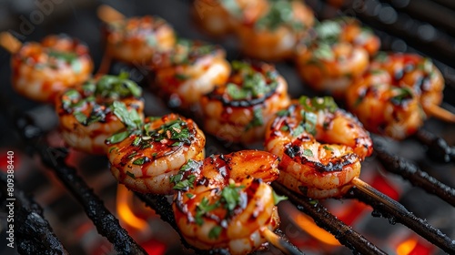 Grilled shrimp skewers over charcoal flames © Denys