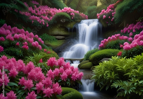 A cascading waterfall framed by lush rhododendron bushes in shades of pink and purple, nature's masterpiece in full display, generative AI