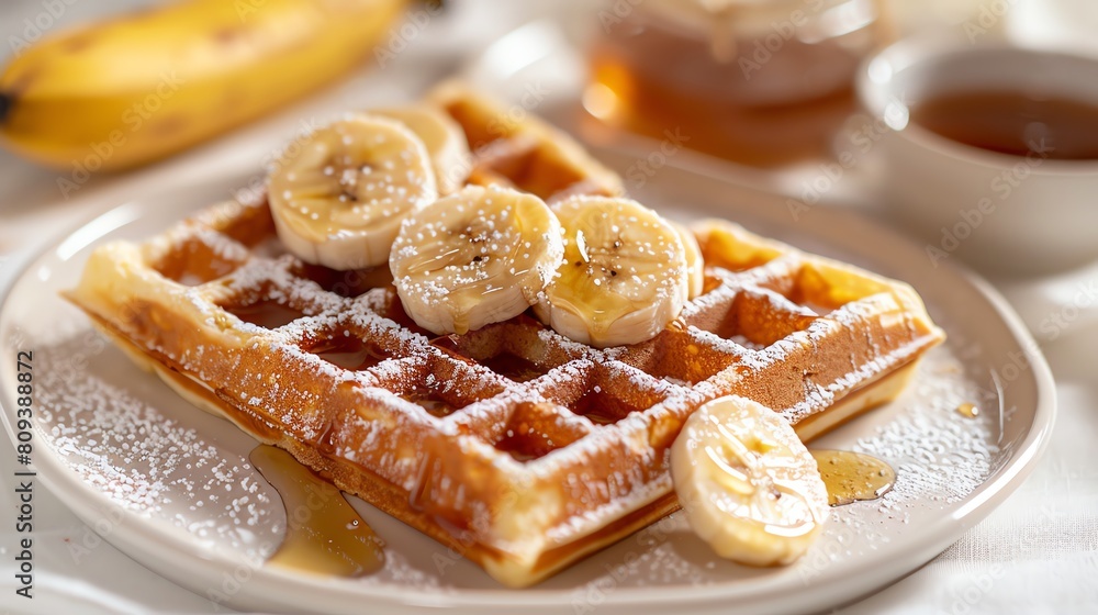 Classic waffles with a dusting of powdered sugar, accompanied by sliced bananas and a side of honey, appetizing and fresh, white backdrop Classic waffles with a dusting of powdered sugar, accompanied by sliced bananas and a side of honey, appetizing and fresh, white backdrop