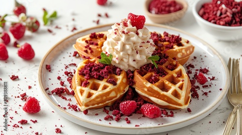 Artistic plating of heart-shaped waffles, topped with red velvet crumbs and a dollop of cream cheese frosting, romantic treat, white backdrop photo