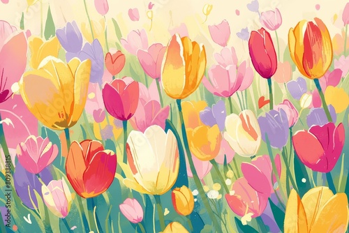 Tulips swaying in a field, their colorful blooms and leafy stems repeating in harmony.