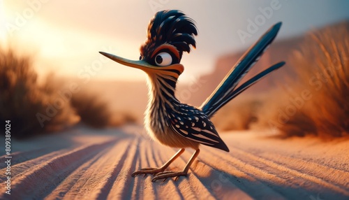 Close-up of a roadrunner bird on a sandy desert path during early morning, portrayed in a whimsical, animated style. photo