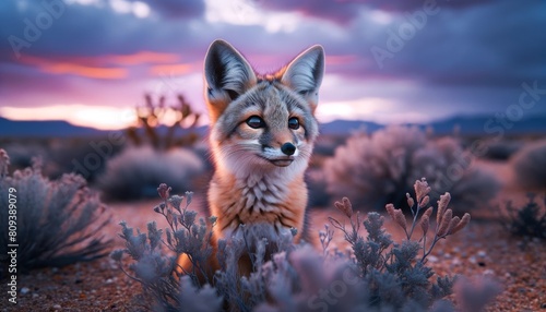 Close-up of a desert fox sitting among small desert plants under a twilight sky filled with soft, pastel colors.