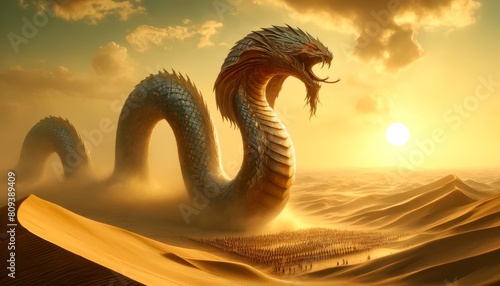 A massive serpent-like creature with scales that glisten like jewels under the harsh desert sun, commanding an army of sand warriors. photo