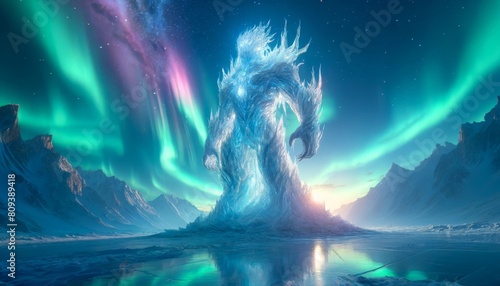 A towering ice elemental in a frozen wasteland under an aurora sky. photo