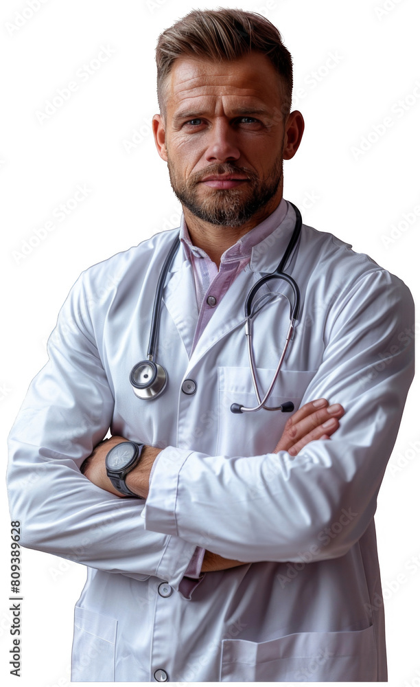 a male doctor with a stethoscope standing with his arms crossed, transparent background png a male doctor with a stethoscope standing with his arms crossed, transparent background png