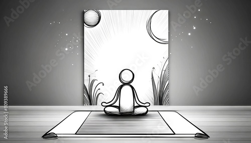 A minimalist black and white drawing of a character sitting cross-legged on a yoga mat, in a meditative pose with a peaceful, abstract background.