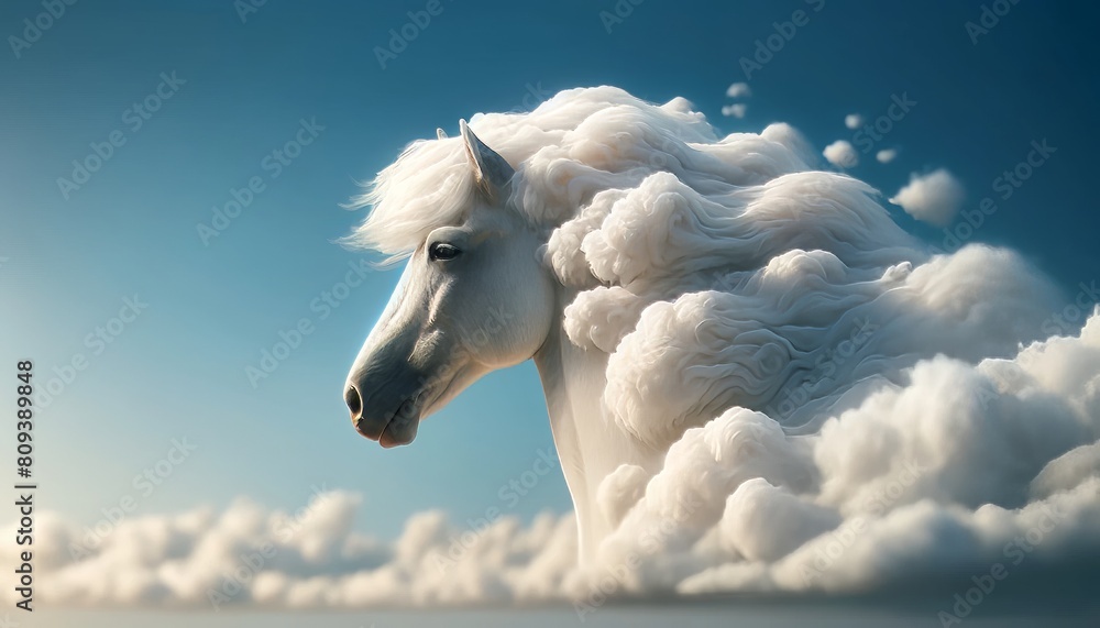 A detailed close-up of a horse with its mane transforming into soft, billowy clouds in a serene sky.