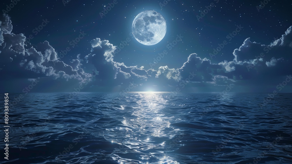 Naklejka premium Artistic close-up of the moon shining brightly, creating a shimmering path across the ocean's night surface, framed by clouds