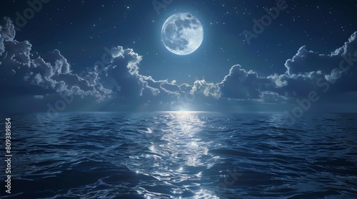 Artistic close-up of the moon shining brightly  creating a shimmering path across the ocean s night surface  framed by clouds