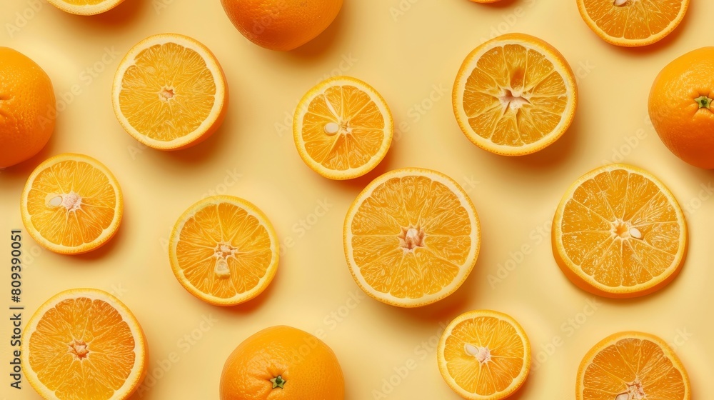 Fototapeta premium Artistic arrangement of orange slices and whole oranges, shot from above in a fun pattern, bright light orange background, studio lighting