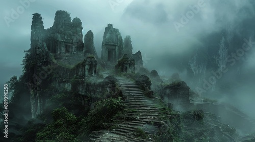 Ancient temples hidden in the mist on a mountain  with dense fog enveloping overgrown paths through the forgotten ruins