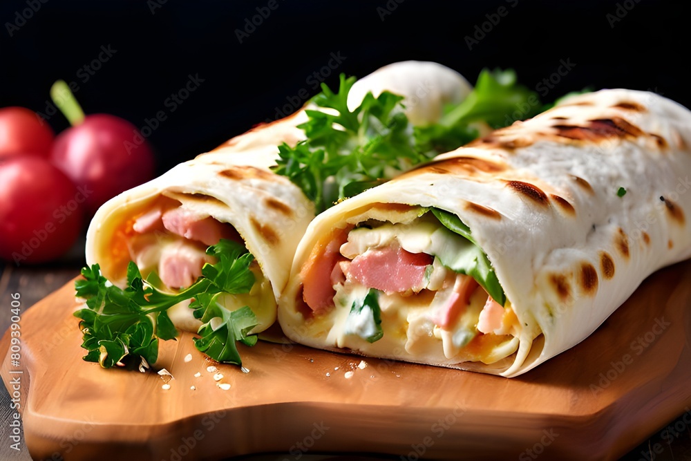 Lavash roll with cheesy ham and parsley for a nutritious club sandwich Lavash roll with cheesy ham and parsley for a nutritious club sandwich