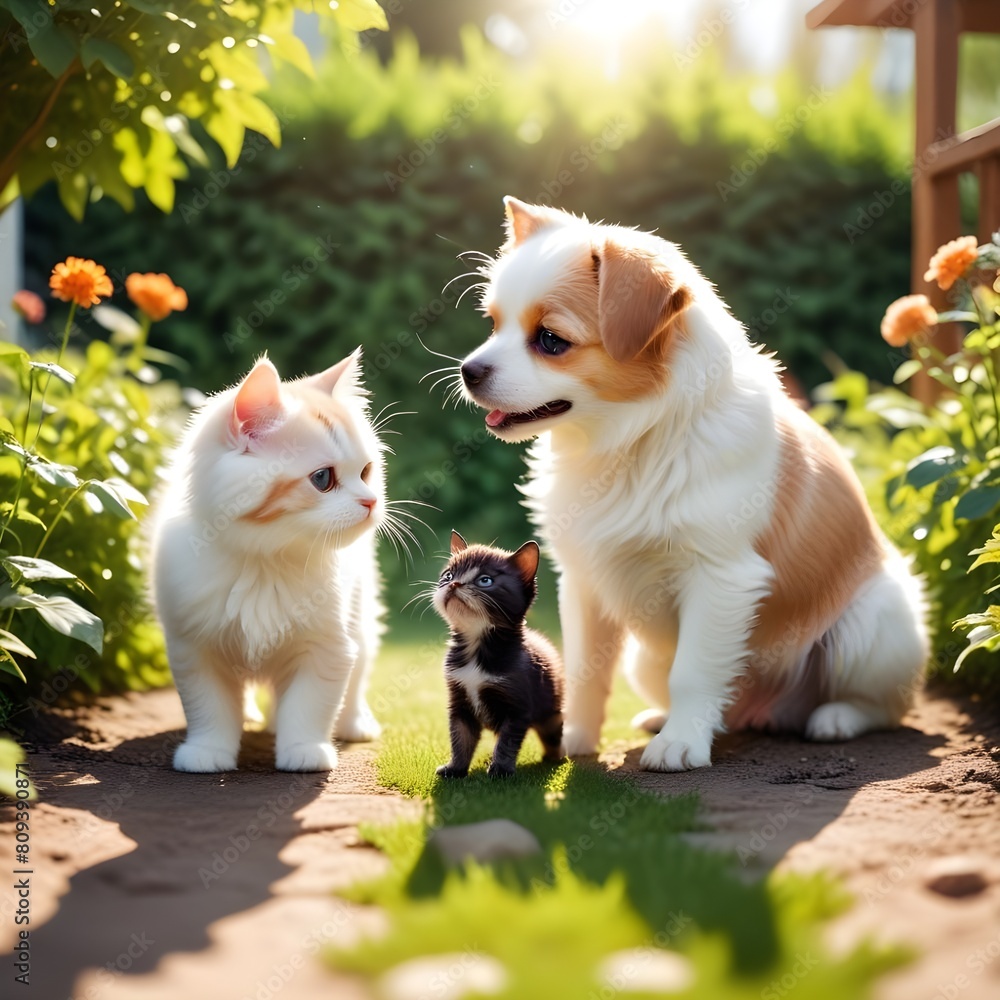 A cute couple of furry friends little cat and a mischievous little dog, are playing together in the garden on a beautiful sunny day, Friendship of pet ...