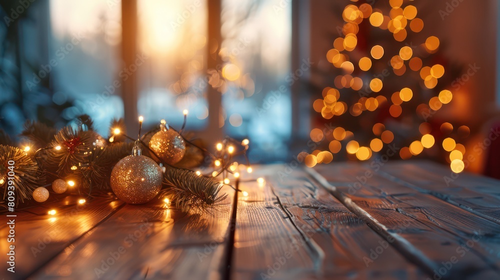 Cozy Christmas Decor: Illuminated Wooden Table with String Lights & Ornaments Cozy Christmas Decor: Illuminated Wooden Table with String Lights & Ornaments