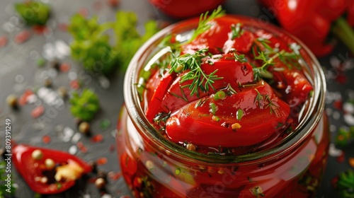 Red bell pepper pickled with herbs in a container