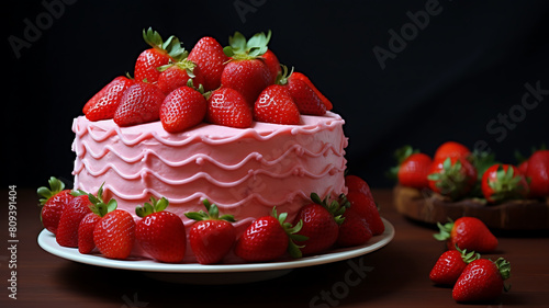 Strawberry cake with whipped cream and fresh strawberries on top.