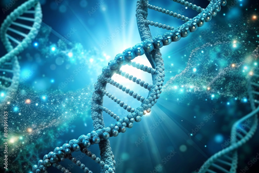 A cyan DNA genome poster with copy space. A cyan DNA genome poster with copy space.