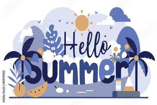 Illustration of a summery scene with palms, sun, and text greeting