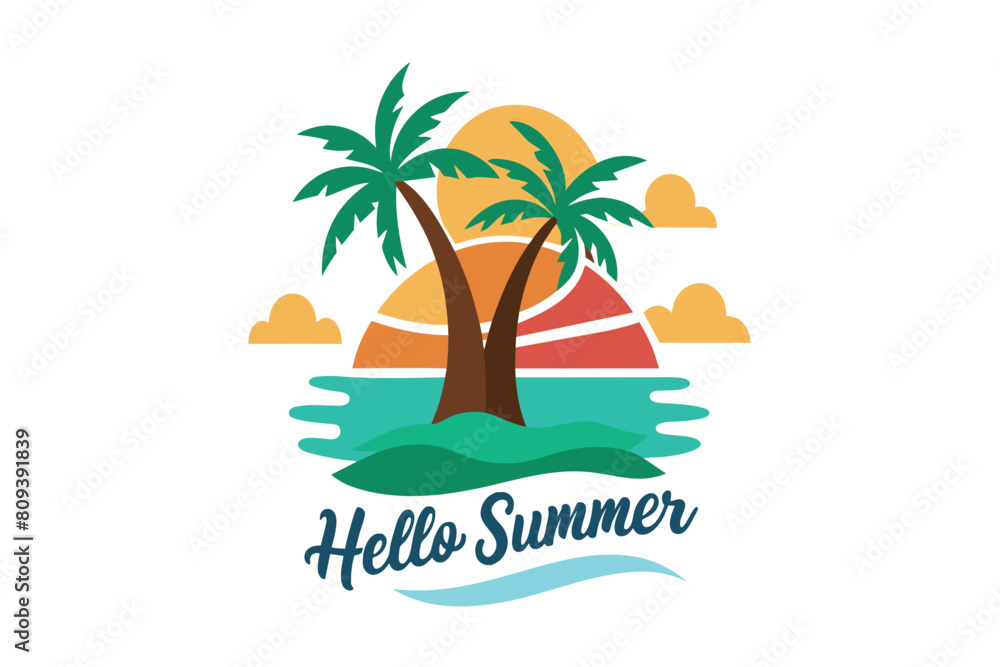 Tropical island graphic with sunset, palms, and Hello Summer text
