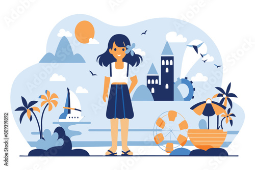 A cheerful girl stands on a beach with iconic scenery and tropical elements