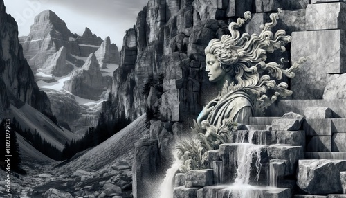 A figure with hair cascading like a waterfall, surrounded by mountainous rocks against a rugged stone wall. photo