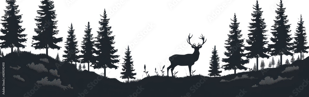 Wild Deer and Fir Trees in Silhouette: Camping Wildlife Landscape Vector for Logo Wild Deer and Fir Trees in Silhouette: Camping Wildlife Landscape Vector for Logo