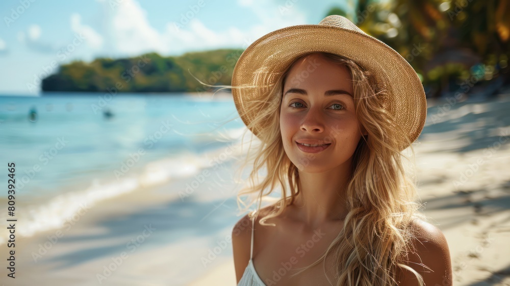 Tropical Beauty: Stunning Girl with Hat on a Serene Beach