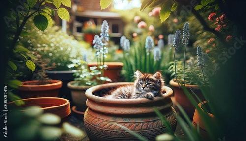 A kitten lounging in a large terracotta pot amidst a garden, with plants framing the shot. photo