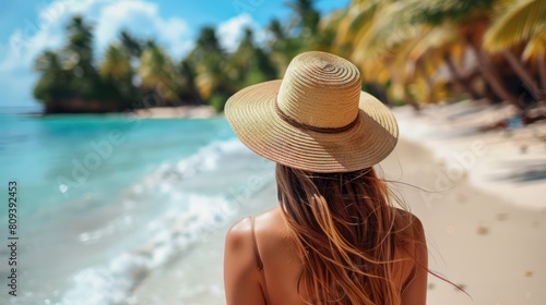 Tropical Beauty: Stunning Girl with Hat on a Serene Beach © hisilly