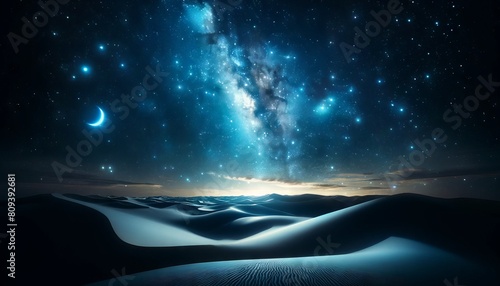 A detailed close-up of the night sky filled with stars, viewed from a desert perspective. photo