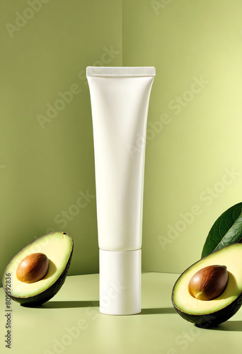 white blank unlabeled cream tube standing mockup with avocado decoration