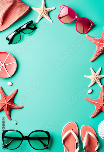 turquoise copy space background with summer item scattered around , like glasses, sandals and starfish