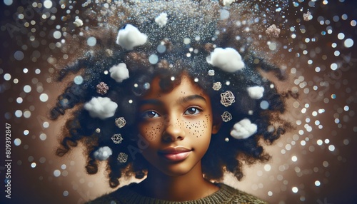 A close-up image of a young girl with curly, expressive hair, intertwined with small fluffy clouds and glittering raindrops.