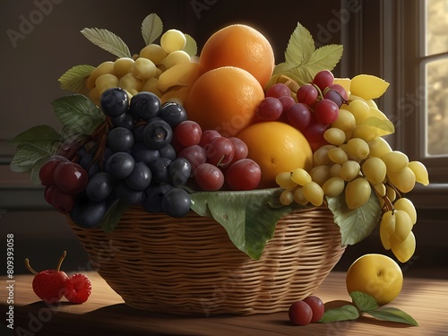 digital painting of a fruit basket with impeccable attention to textures, surfaces, and lighting