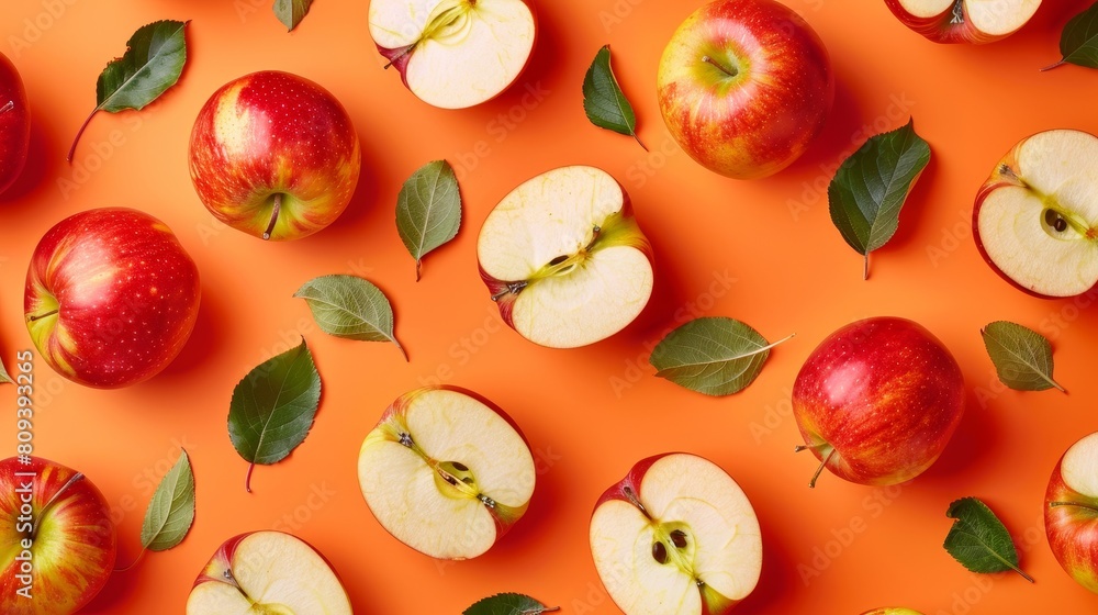 Bright close-up of apples and slices arranged in a whimsical pattern, bright orange backdrop with a tiled, isolated style Bright close-up of apples and slices arranged in a whimsical pattern, bright orange backdrop with a tiled, isolated style