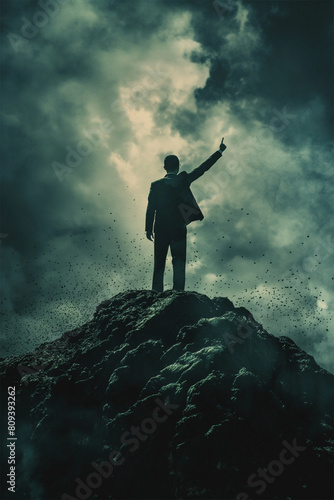 Silhouetted Man on Summit Pointing Toward Sky Amidst Stormy Clouds, Symbolizing Hope, Leadership, and Vision in Challenging Times, Dramatic and Inspirational Scene - AI generated © Pukan