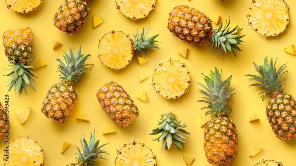 Bright and colorful pattern made from whole pineapples and circular slices, shot from above on a vivid yellow pastel background, isolated Bright and colorful pattern made from whole pineapples and circular slices, shot from above on a vivid yellow pastel background, isolated