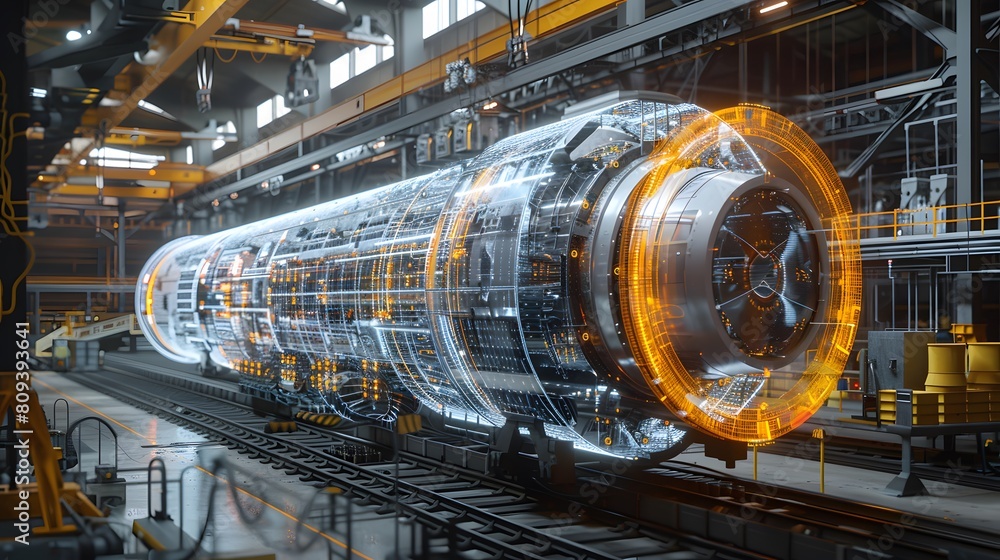 A digital rendering of an industrial train engine in the process of being made, with transparent holographic projections displaying its intricate mechanical components and networked wires. A digital rendering of an industrial train engine in the process of being made, with transparent holographic projections displaying its intricate mechanical components and networked wires.