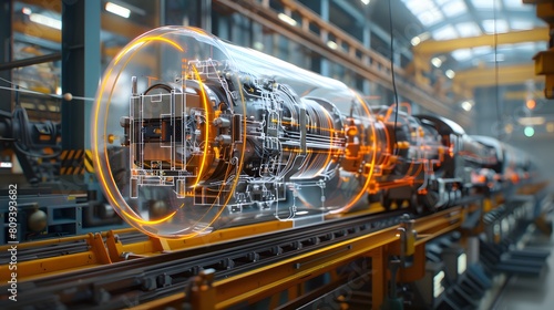 A digital rendering of an industrial train engine in the process of being made, with transparent holographic projections displaying its intricate mechanical components and networked wires.