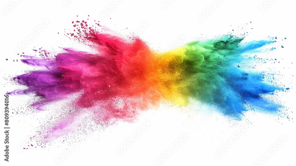 Obraz premium rainbow colored powder explosion on a white background, in a flat lay style.