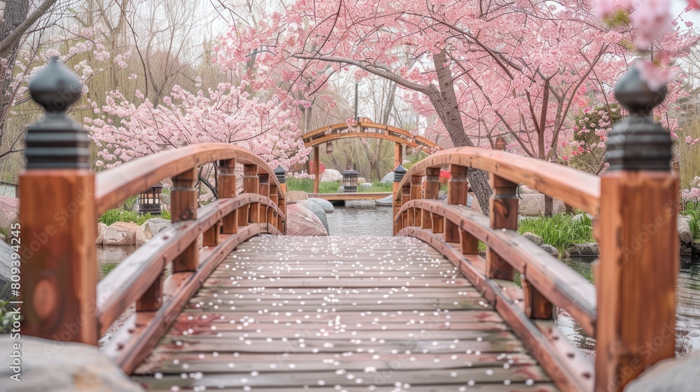 Spring Serenity: Japanese Garden with Wooden Bridge, Koi Pond, Cherry Trees, and Lanterns Spring Serenity: Japanese Garden with Wooden Bridge, Koi Pond, Cherry Trees, and Lanterns