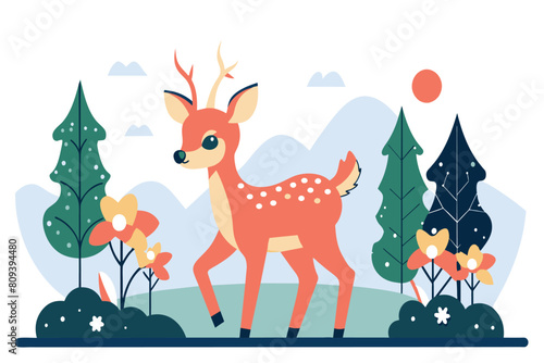 A cartoon deer surrounded by plants against a backdrop of mountains and sun