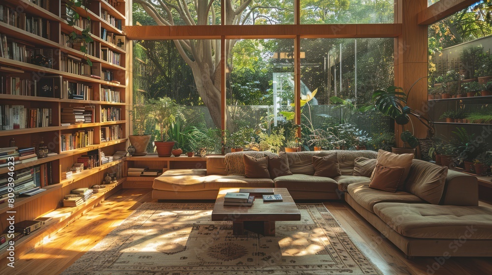 Cozy Living Room with Brown Couch, Coffee Table, and Large Bookcase - Inviting Atmosphere with Sunlight Streaming through Windows.