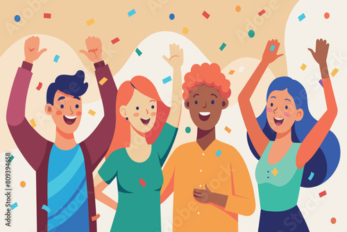 A group of individuals joyously celebrating as confetti falls around them in a festive atmosphere