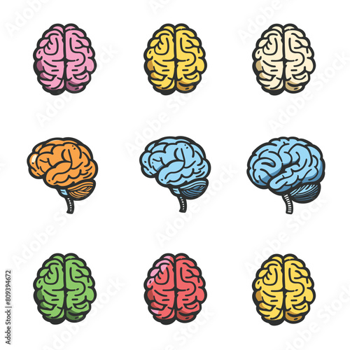 Nine colorful brain icons, different color schemes isolated white background. Set showcases human brains top side views, stylized simplified. Artistic representations brains suitable logo concept