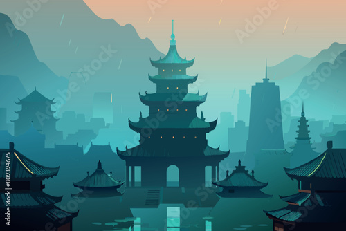 Dawn breaks over a traditional pagoda contrasting with a city skyline