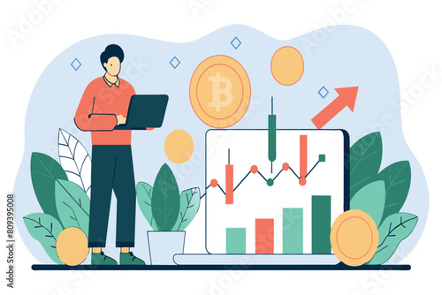 An individual analyzes Bitcoin market charts surrounded by symbols of digital currency growth